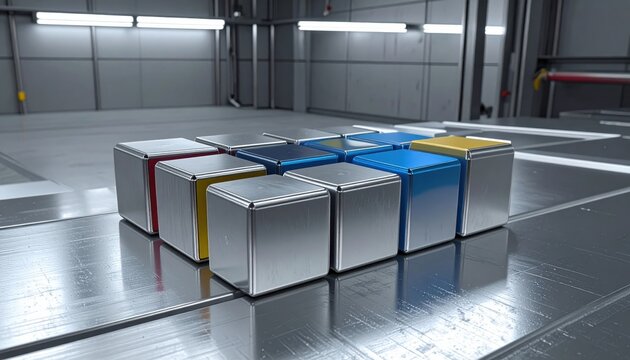 Precisely Machined Anodized Aluminum Game Cubes in a Reflective Industrial Setting Displaying Precision Manufacturing