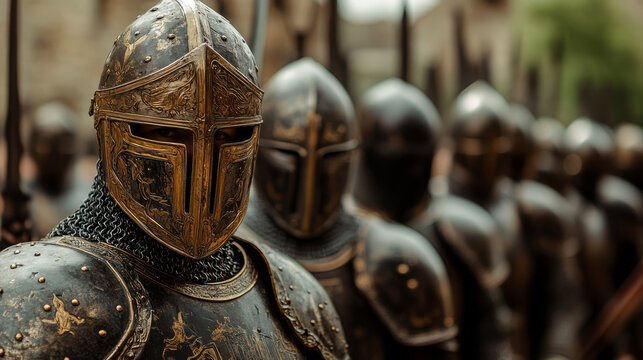Medieval knights in ornate armor stand in formation, ready for battle