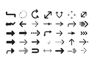 Collection of diverse hand drawn arrow icons and symbols representing direction and movement. © MD