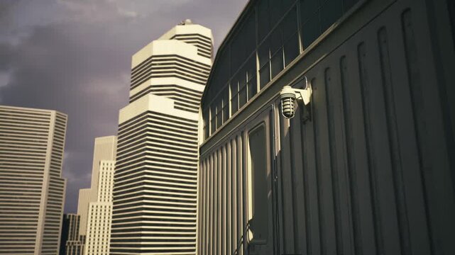 Dramatic city skyline with classical cornice, tall modern towers framed by heavy clouds and contrasting ornamented building edge cinematic urban moment