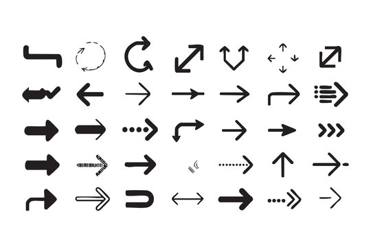 Collection of diverse hand drawn arrow icons and symbols representing direction and movement.