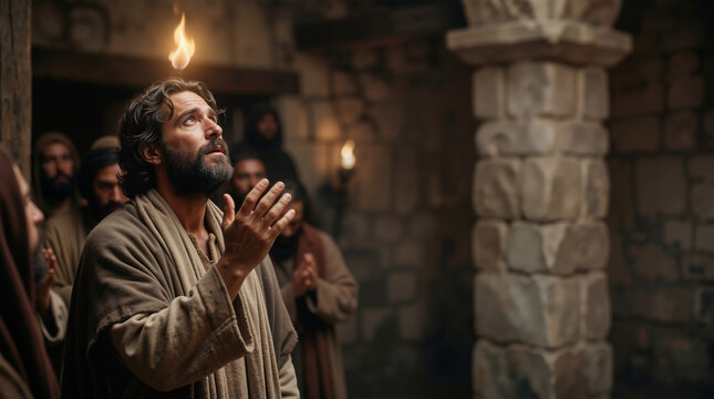 Biblical scene of a bearded man with a flame above his head during Pentecost. Ancient apostles receiving the Holy Spirit in a stone room. Copy space for text