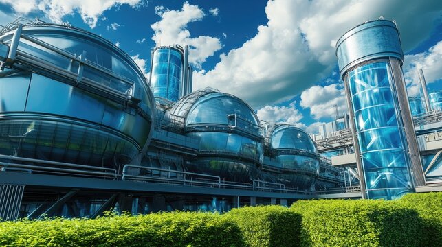 Futuristic factory, vibrant blue glass, green landscape