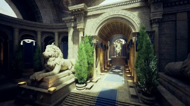 sunlit marble portico with guardian lion, arched colonnade and mosaic floor, dappled shadows from potted cypress, warm limestone texture evokes timeless