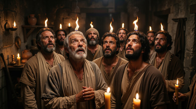 Biblical scene of apostles with flames of fire above their heads. Men in ancient robes praying in a stone room during Pentecost. Descent of the Holy Spirit concept