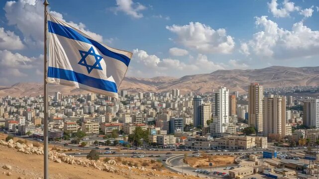 Israeli flag waving above modern Middle Eastern city with urban skyline desert surroundings and clear sky
