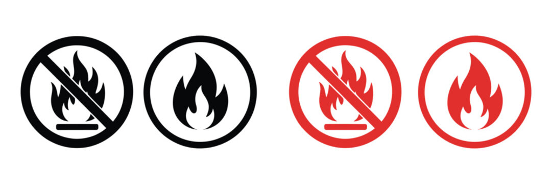 No Fire Icon Set Vector, Ban Fire Sign Collection with Allowed and Forbidden Symbols, Safety Warning Icons for Hazard Prevention, Fire Control Signage and Emergency Instruction Illustration