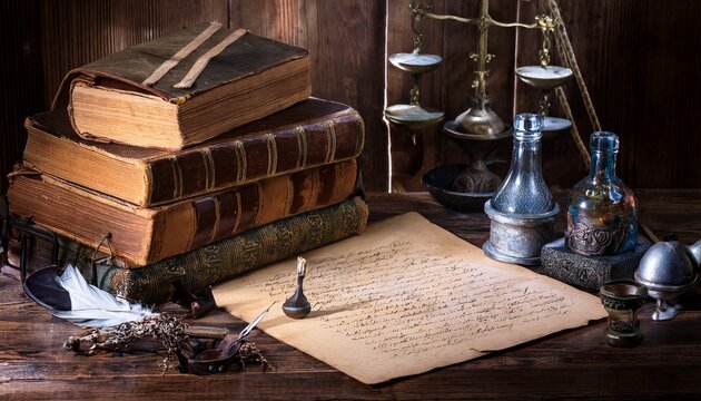 antique workspace with old books and handwriting