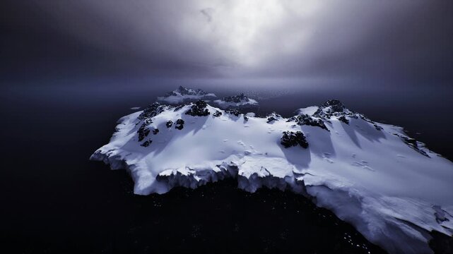 aerial glacial promontory facing incoming storm, jagged ice edge and dark water, turbulent clouds casting heavy shadows, raw rugged terrain emphasizing natural