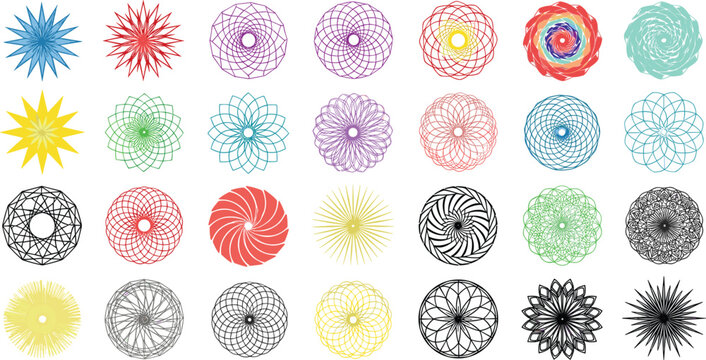 Spirograph Geometric Circle Pattern Set Vector Illustration with Colorful Mandala, Rosette, and Abstract Circular Design Elements