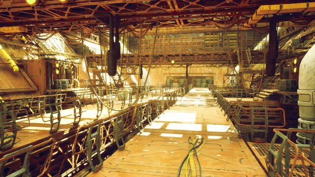 Golden hour industrial interior walkway glowing with warm sunlight, long perspective of grating and beams, cinematic contrast of light and shadow, textured
