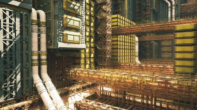 dense industrial inspection corridor filled with sensor arrays, diagnostics drones, conduit networks, metallic scaffolds and reflective panels under warm light