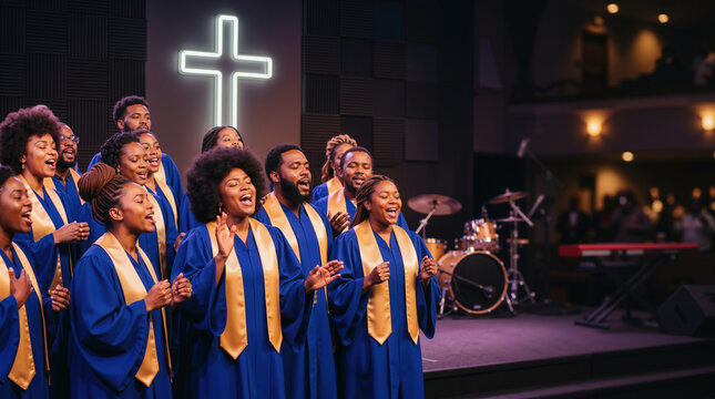 African American gospel choir singing in church. Group of Black people in blue and gold robes performing worship music. Spiritual praise with neon cross background. Christian music concept