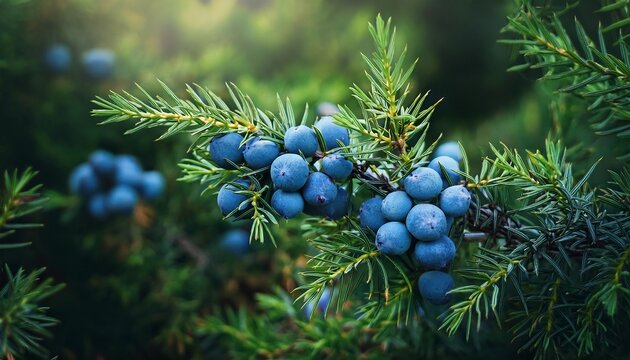 branch with fresh ripe blue juniper berries in garden green foliage backdrop aromatic botanical plant