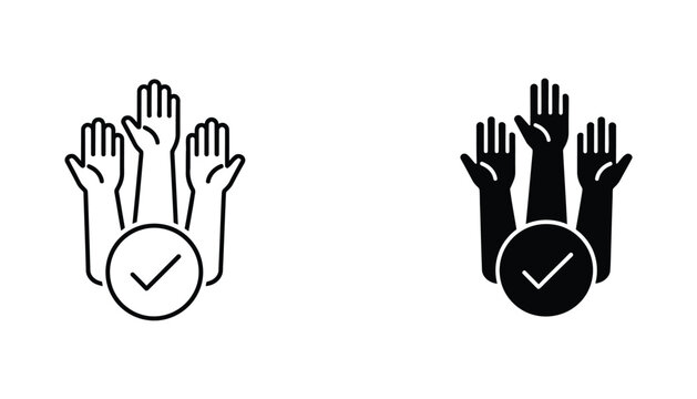Group of hands reaching up with a checkmark icon representing success and collective achievement in vector design