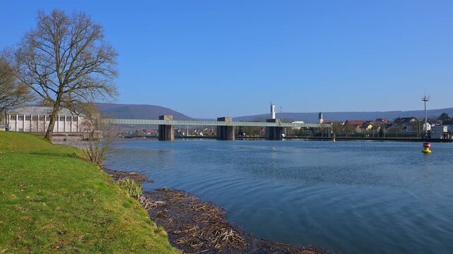 Schleuse und Kraftwerk Faulbach, Main, Spessart, Landkreis Miltenberg, Bayern, Deutschland
