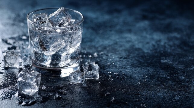 Crystal-clear vodka or gin served in a glass on a black stone table. Vodka with ice cubes set against a dark blue background, with copy space.