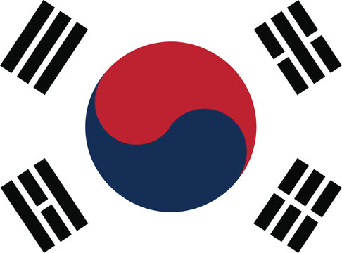 The national flag of south korea featuring the red and blue taegeuk with four black trigram sets. Vector