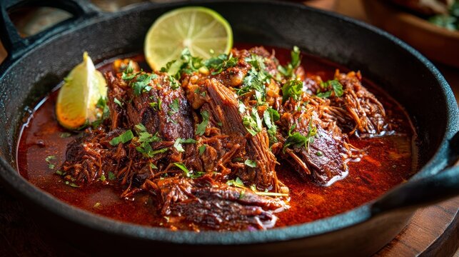 Mexican birria: tender stewed meat in a rich, spicy sauce.