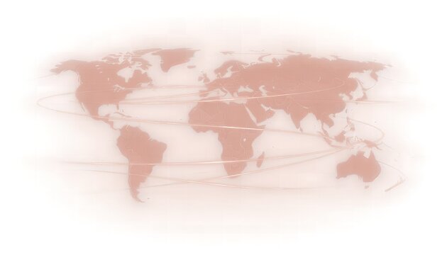 A blurred image of a world map with faint lines connecting various countries on a white background