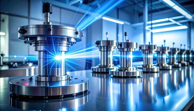 Precisely aligned industrial emitters generating blue laser light in a high-tech laboratory setting
