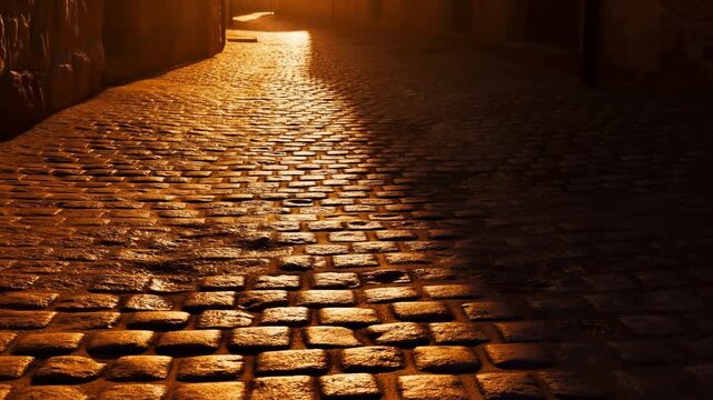 Warm Street With Shadows. Cobblestone Pathway Illuminated By Golden Light And Casting Long Shadows