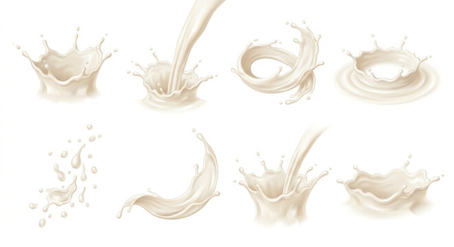 Dynamic Liquid Milk Splashes and Pouring Drops Collection