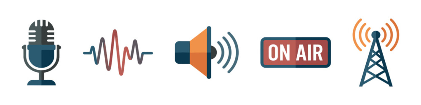 Radio broadcasting and audio equipment flat vector icon collection. Vector Illustration.	
