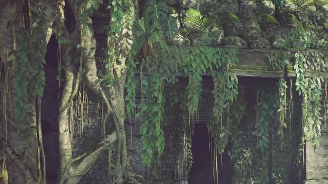 root entwined stone doorway framed moss and thick trunk, dark interior contrasts with textured bark and dangling vines, scene evokes forgotten portal and quiet