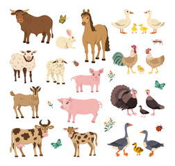 Obraz premium Large farm animal set with cow, horse, pig, sheep, goat, rabbit, bull, poultry and insects. Cute children illustration isolated on white. Great for kids education and farming themes.