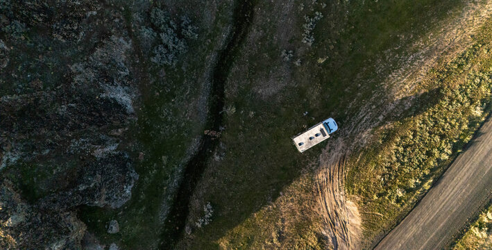 Overhead Aerial View of Truck Camper on Narrow Canyon Road, Leslie Gulch Eastern Oregon