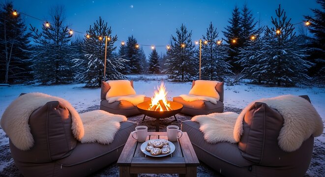 A cozy winter scene with a fire pit and comfortable seating in a snowy forest
