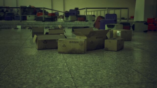 cardboard cargo boxes on terminal floor, visible stamped labels and tape, dispersed across tiles, industrial backlog and supply chain delay mood, minimal human