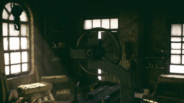 Moody film prop workshop with large mechanical wheel framed by twin windows, scattered props and tools, cinematic light shafts highlighting grain and textures