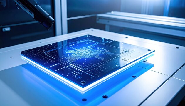Intricate blue superconducting pathways etched onto a polished sapphire substrate, showcasing advanced electronic design.