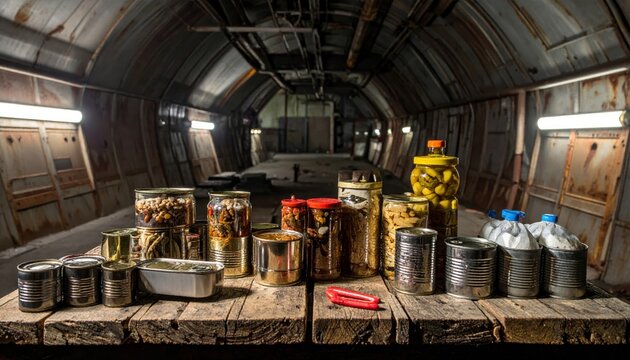 A selection of canned goods, jars of preserves, and dried rations arranged on wooden planks in a dimly lit, rustic storage area, representing long-term food security.