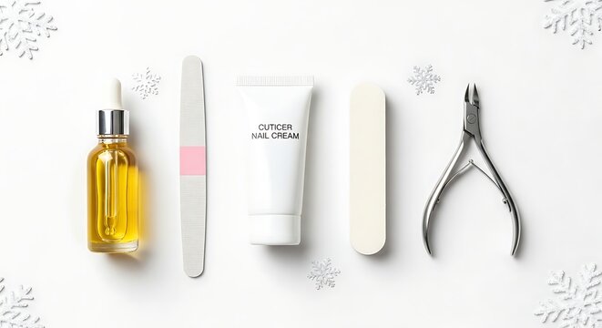 A collection of nail care tools and products on a white background