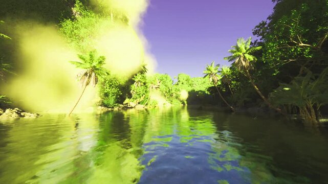 Dusk mangrove stream with purple sky, mirrorlike water and soft mist above surface, orchids and ferns lining shore, moody atmosphere suited for adventure
