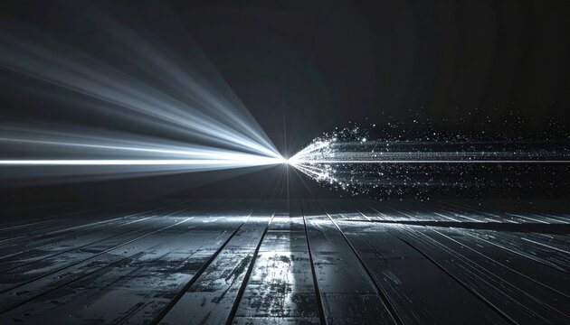 A single bright beam of light splits and scatters, representing quantum superposition and scientific discovery on a dark surface