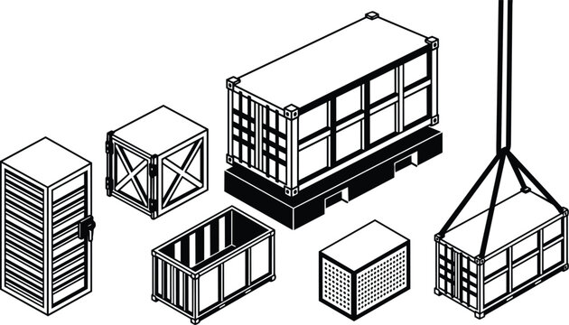 Black and white line art shipping containers crates pallet crane lifting scene
