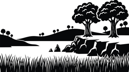 Obraz premium Black and white silhouette trees on rocky cliff above calm lake with reeds foreground