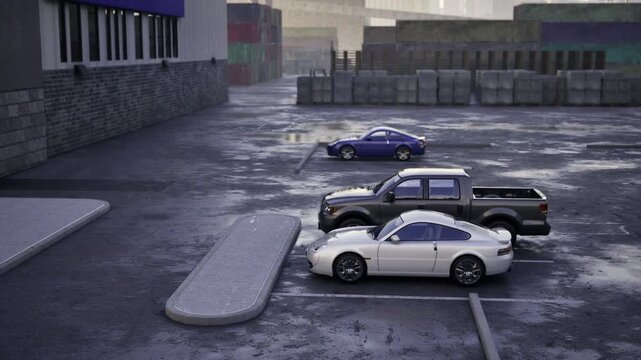 Three sedans parked in wet asphalt under goldenhour sky, corporate building facade, puddles reflecting distant skyline, empty pedestrian island, moody cinematic