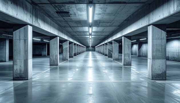 Abandoned industrial parking garage interior.