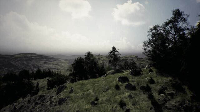 Lush ridge overlooking rolling valley landscape with small stony mounds and scattered trees, bright soft light and inviting lines, perfect for sustainable
