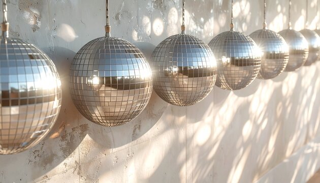 Disco balls hanging on white wall.