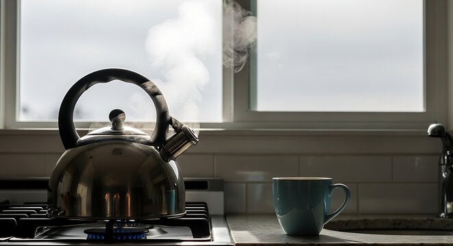 A kettle whistling on a stovetop with steam rising and a cup nearby in a kitchen