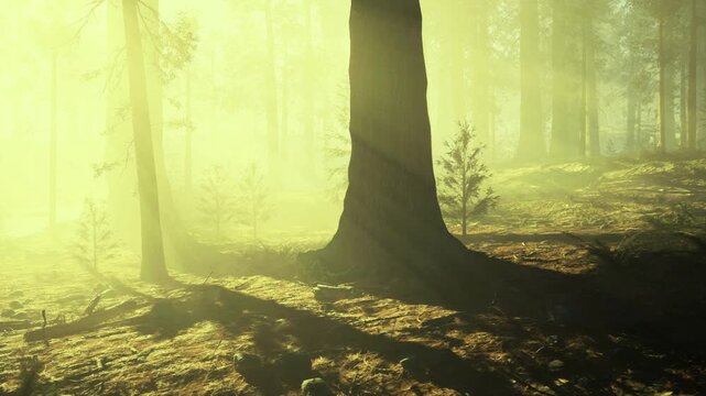 Sunlit grove reveals study plot near ancient trunks, warm light highlighting mossy undergrowth and winding roots conservation survey context conveys calm focus