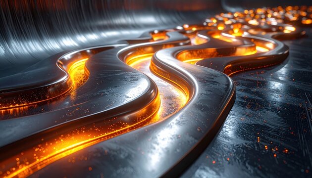 Futuristic Superconducting Energy Conduits Glowing With Vibrant Orange Power Flowing Through Metal Channels