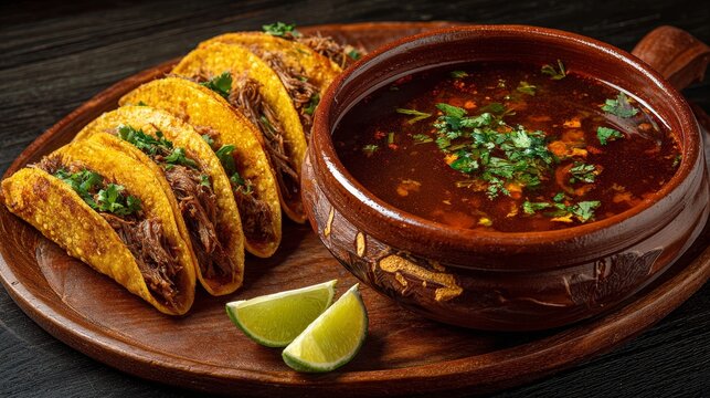 Traditional Mexican birria consom&eacute; soup served with four tacos filled with stewed beef.