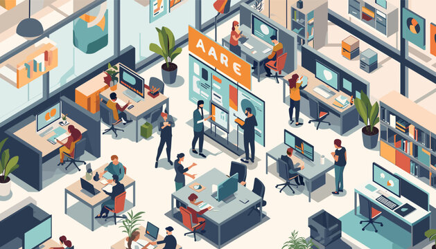 This stylized illustration depicts a modern office environment, ideal for representing corporate concepts, productivity, or workplace wellbeing in mar